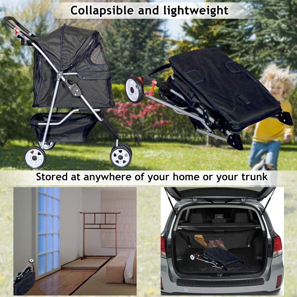 3-Wheel Pet Stroller, Lightweight Foldable Dog Stroller for Small Medium Dogs & Cats, Breathable Mesh & Weather Cover with Storage Basket, for Daily Walk Outdoor Travel (Black)