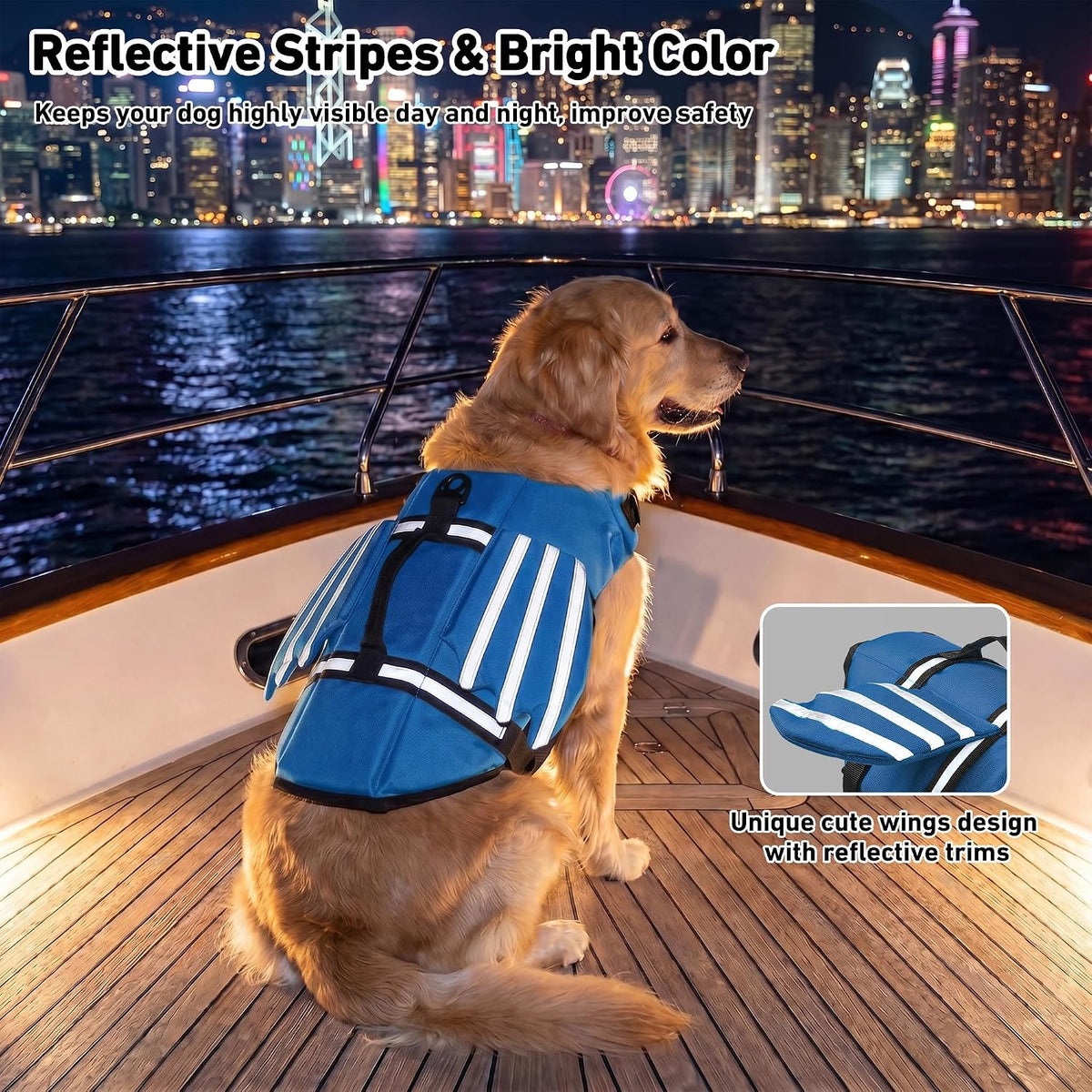Dog Life Jacket, Cute Wings Adjustable Dog Life Vest with Chin Float and Handle for Swimming Boating Reflective High Buoyancy Swim Float Vest for Small Medium Large Dogs (Blue, XS)